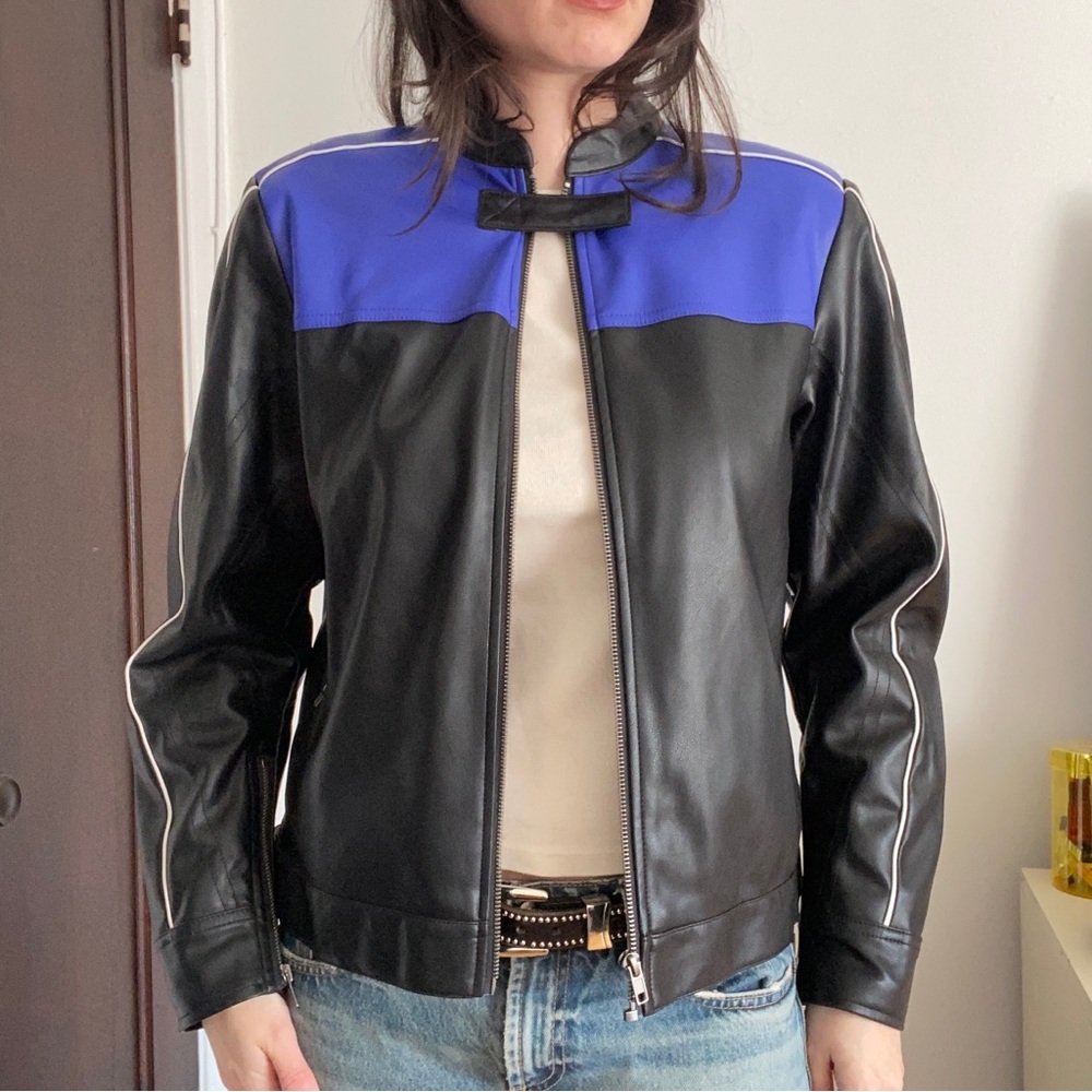 Women's Black & Blue Faux Leather Moto Jacket